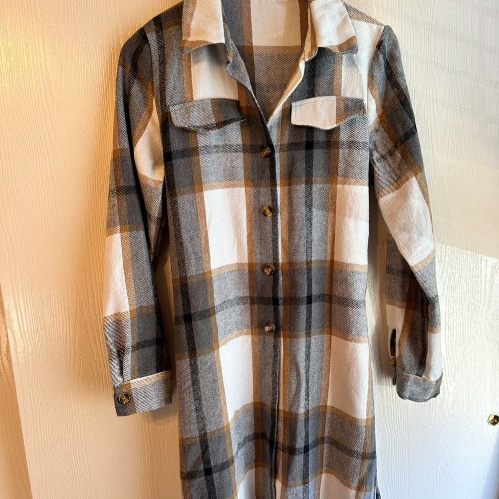 SHEIN Women's Plaid Overcoat with Flap Pockets, Multicolor, Size L